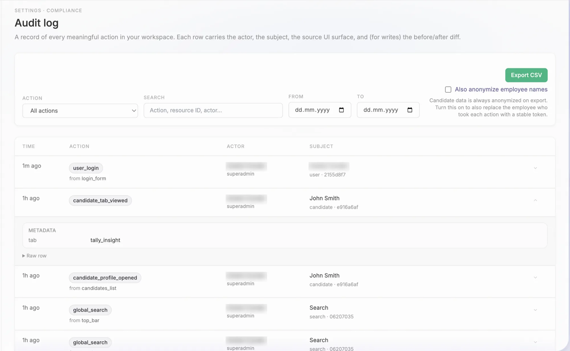 The Talara audit log: rows carrying the time, the action, the actor and their role, and the subject as a resource identifier, with a CSV export that anonymizes candidate data. The acting employee’s name is blurred in this screenshot.