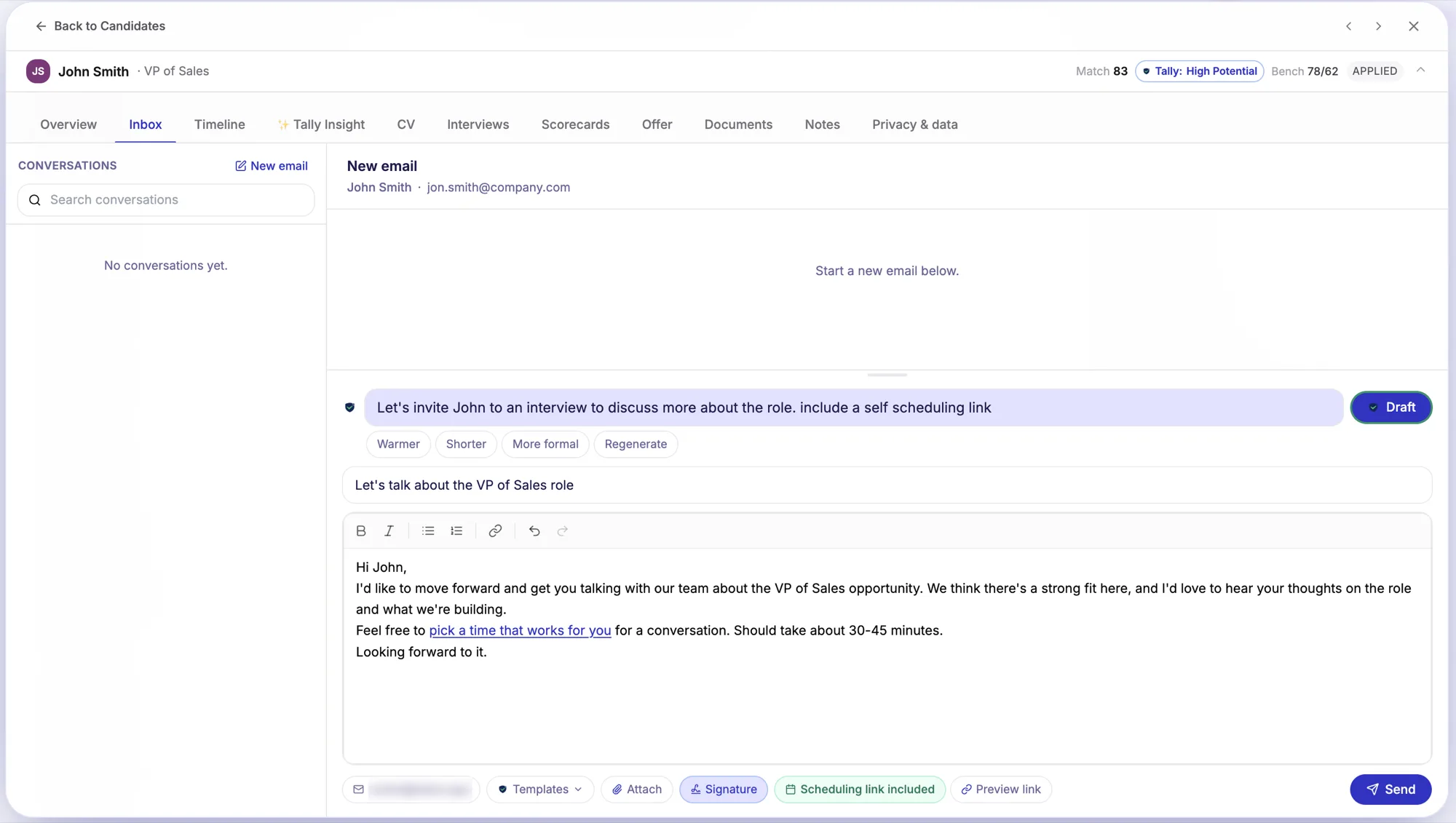 The candidate inbox in Talara: an instruction to invite the candidate produces a drafted email with subject and body, one-click tone controls for warmer, shorter or more formal, a scheduling link already included, and a send button. The sending address is blurred in this screenshot.