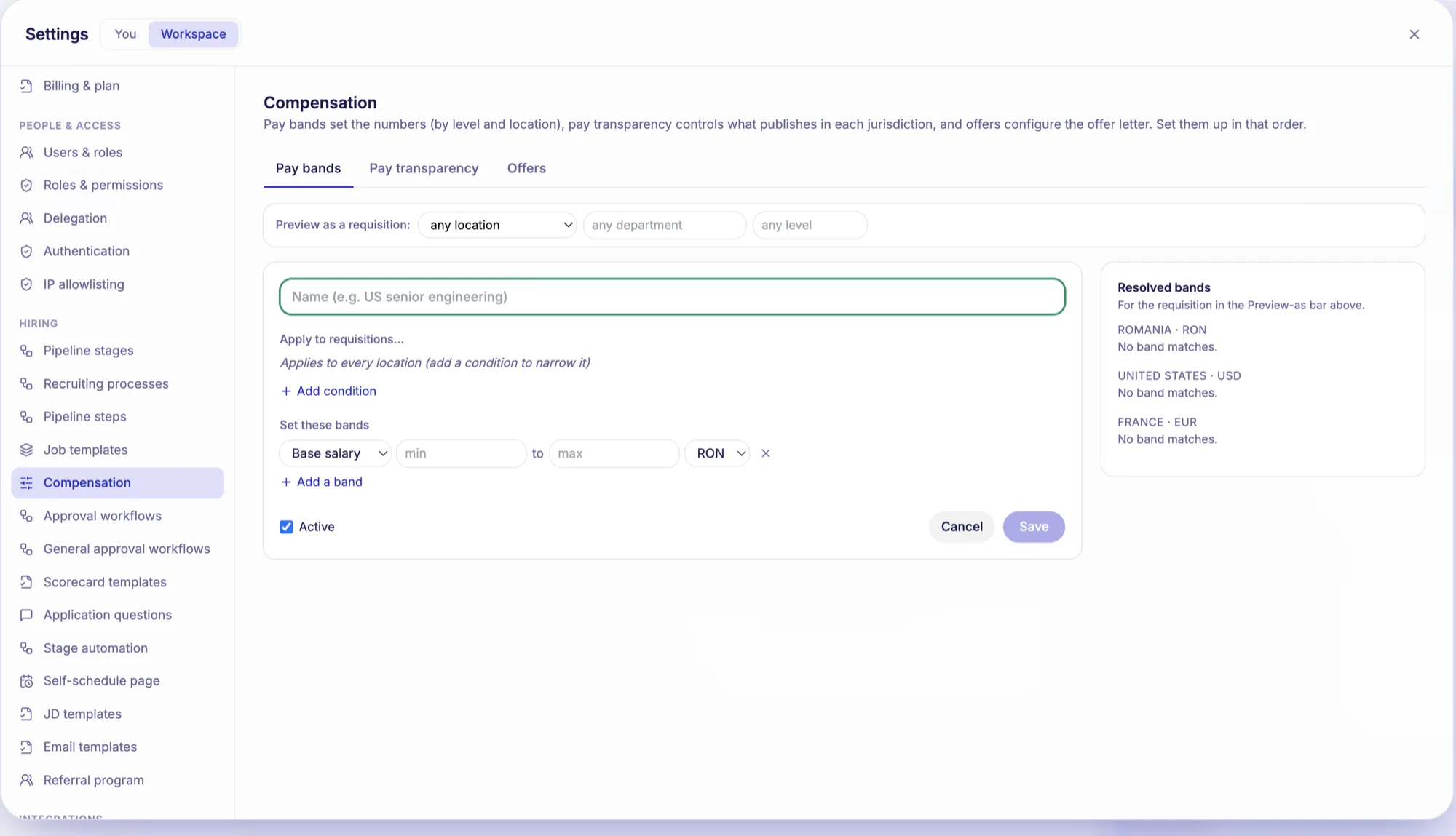 Talara compensation settings: pay bands defined by level and location, a preview of which band resolves for a given requisition, and separate tabs for pay transparency and offer letters.
